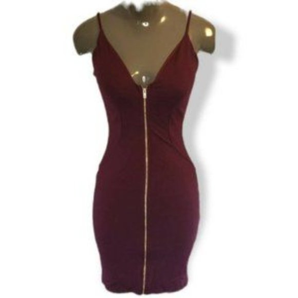 Haute Monde Women's Burgundy Sleeveless Bodycone Front Zip Mini Dress Size Small - Picture 1 of 4